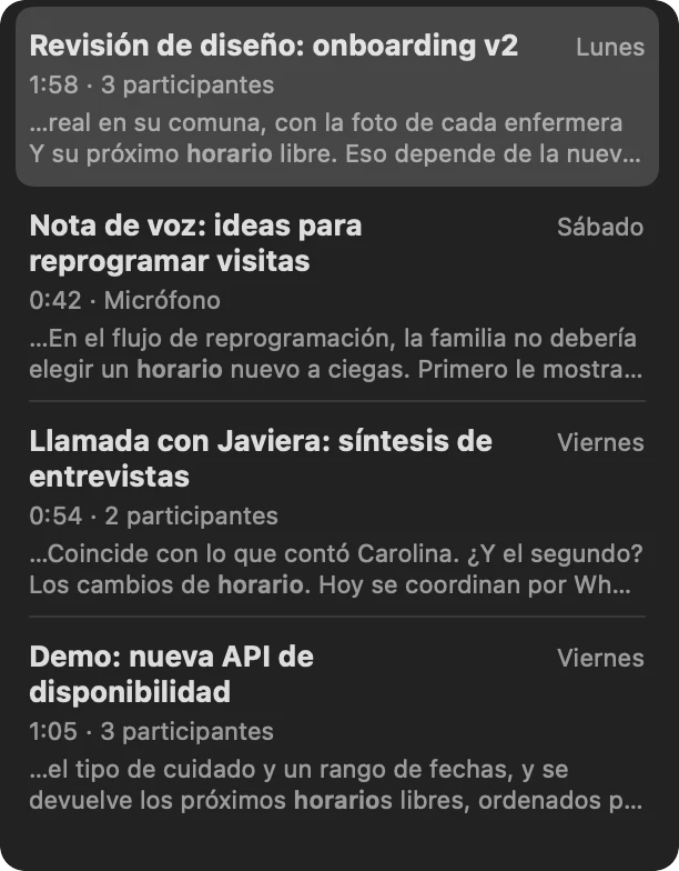 Cuatro conversaciones que mencionan «horario», cada una con la frase donde aparece
