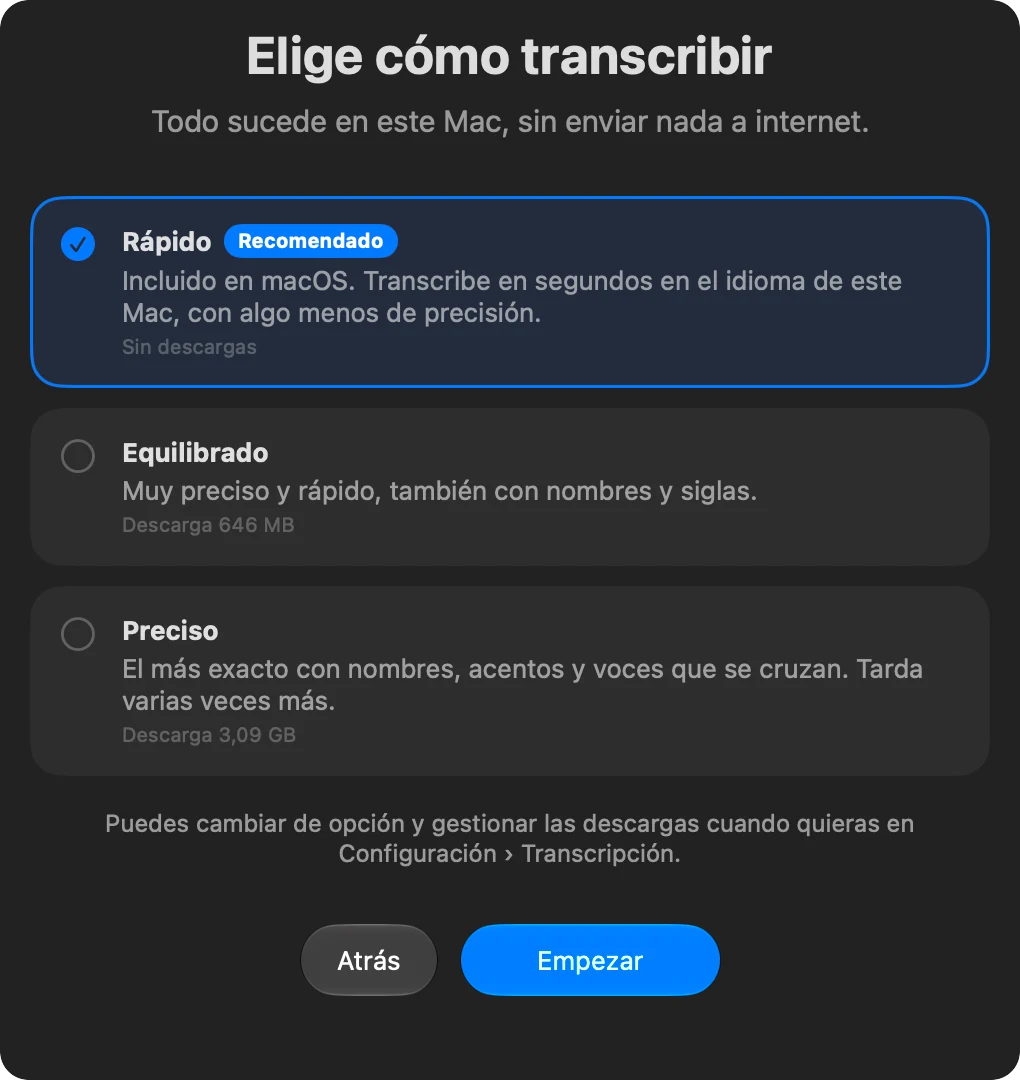 Bardo pregunta cómo transcribir: Rápido, Equilibrado o Preciso