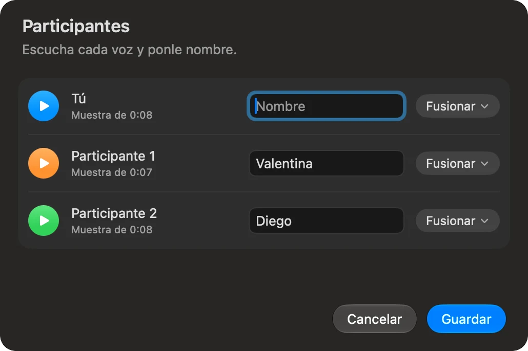 La hoja Participantes: Tú, Participante 1 y Participante 2, cada uno con una muestra, un nombre y la opción Fusionar
